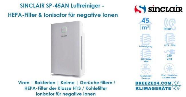 Luftreiniger SINCLAIR SP-45AN für 1 Zimmer mit 45 m² mit HEPA 13 Filter