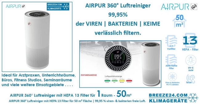 AIRPUR 360° Luftreiniger mit HEPA 13 Filter für 50 m² Fläche