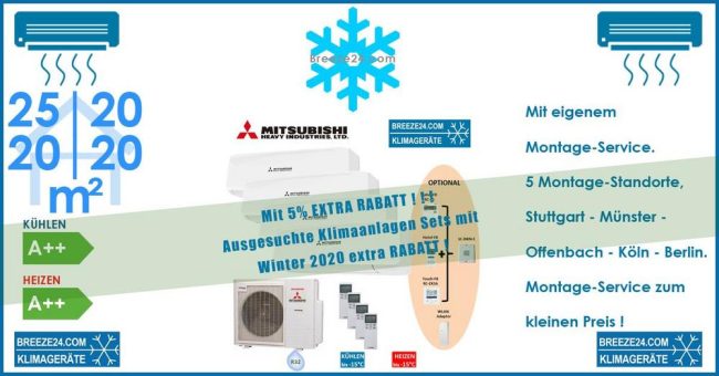 Mitsubishi Heavy Klimaanlage Wandgerät 3 x SRK 20 ZS-W + SRK 25 ZS-W + Außengerät SCM 71 ZS-W Set für 4 Zimmer mit je 20 | 20 | 20 | 25 m²