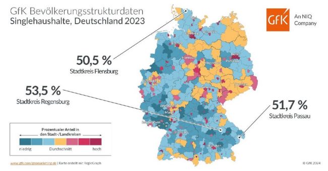 Bild des Monats: GfK Bevölkerungsstrukturdaten, Singlehaushalte, Deutschland 2023
