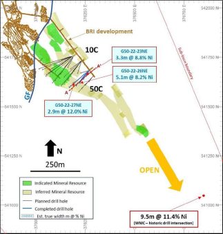 Karora Resources bohrt 13,7 % Ni über 2,6 Meter, 12,0 % Ni über 2,9 Meter und 15,4 % Ni über 0,6 Meter und beweist damit erneut das hochgradige Potenzial des offenen Nickeltrogs 50C