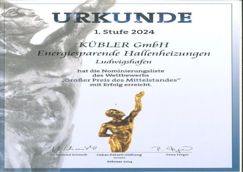 KÜBLER für wichtigen Wirtschaftspreis „Großer Preis des Mittelstandes“ 2024 nominiert