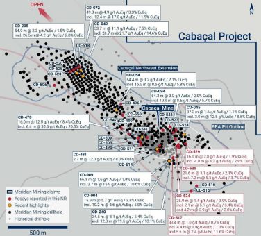 Meridian meldet weitere breite, flache Mineralisierungszonen bei Cabaçal, einschließlich CD-535 – 21,6m @ 3,1g/t AuEq / 2,1% CuEq aus 85m