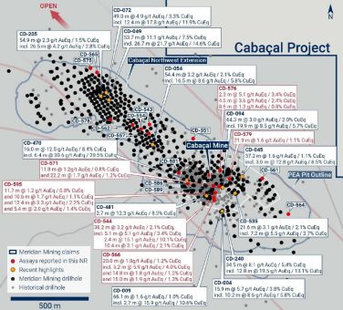 Meridian untersucht mehrere gestapelte Schichten mit hochgradigem Cu-Au-Ag, einschließlich CD-544: 38,2m @ 3,2g/t AuEq aus 78,9m