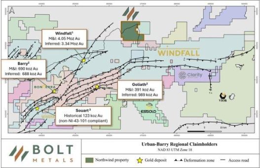 Bolt Metals erwirbt Konzessionsgebiet Northwind im Goldcamp Urban-Barry, 15 km von der Lagerstätte Windfall entfernt