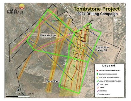 Aztec erweitert Fläche der oxidischen Gold-Silber-Zone im Konzessionsgebiet Tombstone, Arizona, USA, mit Durchteufung von 1,02 g/t AuÄq über 88,1 m, einschließlich einer breiten hochgradigen Zone mit 5,93 g/t AuÄq über …