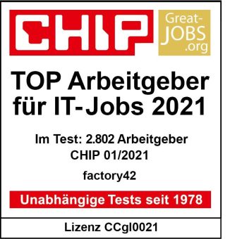 factory42 gehört laut CHIP-Arbeitgeberstudie 2021 zu den TOP-Arbeitgebern für IT-Jobs