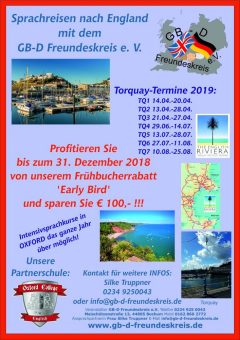 Schüler aus Deutschland auf Sprachreise in England – ‚Early bird‘-Rabatt bis Ende Dezember 2018