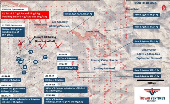 Tocvan entdeckt einen weiteren oberflächennahen hochgradigen Korridor auf dem Gold-Silber-Projekt Gran Pilar und durchteuft bei Bohrungen 6,1 Meter mit 5,4 g/t Gold und 39 g/t Silber innerhalb eines Abschnitts von 41,2 Metern mit 1,0 g/t Gold und 10 g/t S