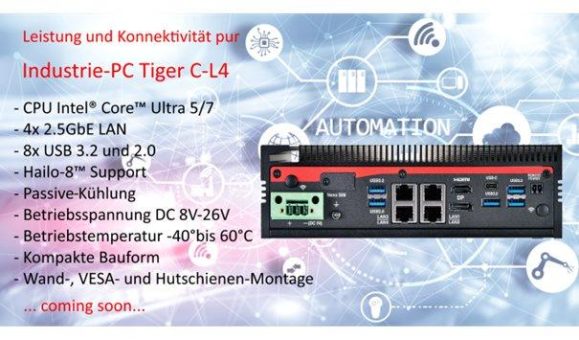 Leistungsstark, kompakt, KI-ready: Der Tiger C-L4 präsentiert sich als löwenstarker Industrie-PC für den modernen Fertigungsalltag