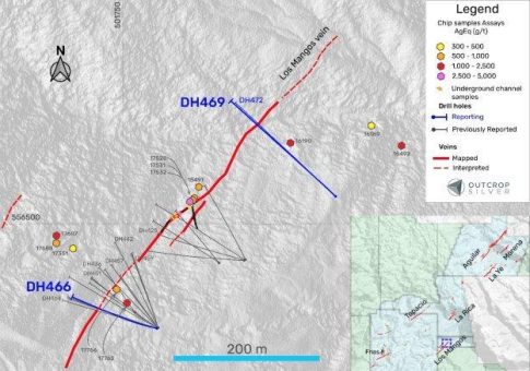 Outcrop Silver durchteuft in einem 150-Meter-Stepout-Bohrloch 1,06 Meter mit 1.930 g/t AgÄq und bestätigt damit die hochgradige Erweiterung nach Norden und weitet das Erzgangsystem Los Mangos aus