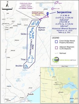 Green Bridge Metals schließt endgültige Vereinbarung über die Option auf das großvolumige Kupfer-Nickel-PGE- Serpentine -Projekt im Duluth-Komplex, Minnesota, USA