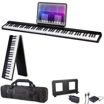 auvisio Faltbares Klavier, 88 halbgewichtete Leuchttasten, MIDI, App, Tasche