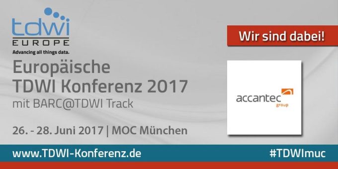 Die accantec group präsentiert sich zum ersten Mal mit einem Vortrag und als Sponsor auf der Europäischen TDWI Konferenz 2017 vom 26. – 28. Juni 2017