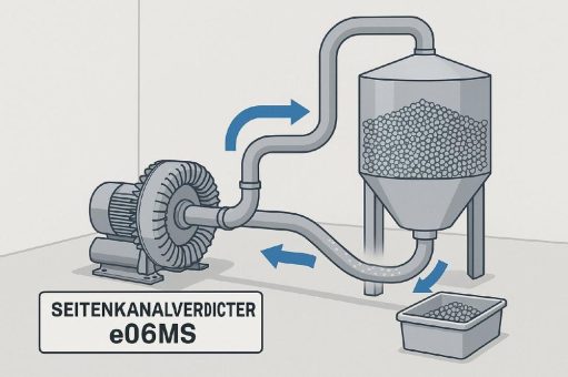 Effizienter Seitenkanalverdichter e06MS – 348 m³/h bei 250 mbar für industrielle Luftförderung