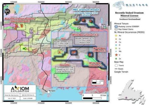 Mustang Energy Corp. steckt zwei neue Mineralkonzessionsgebiete in Neufundland ab: das Uranprojekt Onyx und das Kupfer-Silber-Projekt Bridal Veil