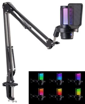 auvisio Gaming-USB-Kondensator-Mikrofon mit Noise Cancelling, RGB, Gelenkarm