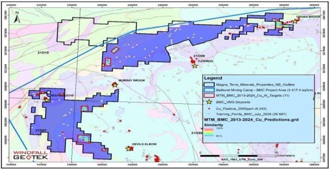 Windfall Geotek gratuliert Magna Terra Minerals zu bedeutenden Kupferentdeckungen im Restigouche Trend des Projekts Rocky Brook in New Brunswick