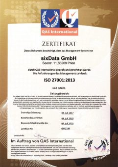 sixData GmbH ist ISO 27001 zertifiziert