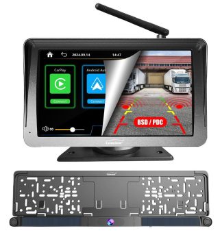 Lescars Kabelloses Solar-Funk-Rückfahrkamera-Set PA-755, CarPlay-/Android-Auto-kompatibel