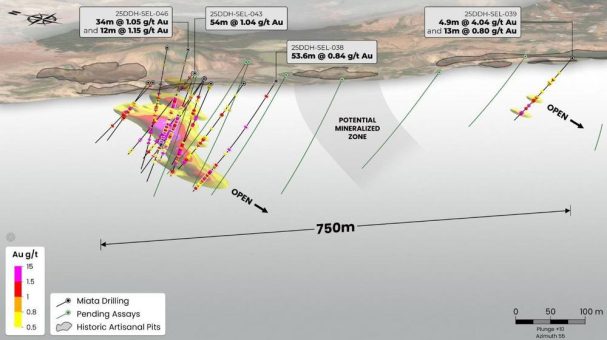 Miata verdoppelt mineralisierten Fußabdruck im Jons Trend mit einem 500 m langen Step-Out in Bohrloch 039 inkl. 54 m mit 1,04 g/t Au in Bohrloch 043