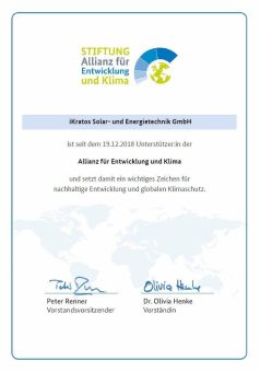 iKratos erhält Urkunde von der Allianz für Entwicklung und Klima
