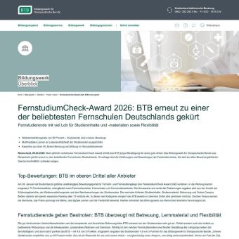 FernstudiumCheck-Award 2026: BTB erneut zu einer der beliebtesten Fernschulen Deutschlands gekürt