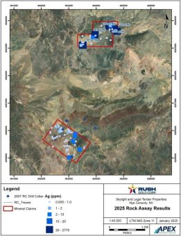 Rush Gold findet bei Legal Tender Proben mit 2.770 g/t Silber und 2,4 g/t Gold, erweitert Goldtrend beim Grundstück Skylight auf 1,2 km und gibt Finanzierung bekannt