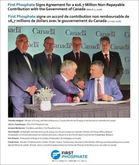 First Phosphate unterzeichnet Vereinbarung mit der kanadischen Regierung über eine nicht rückzahlbare Zuwendung in Höhe von 16,7 Mio. $