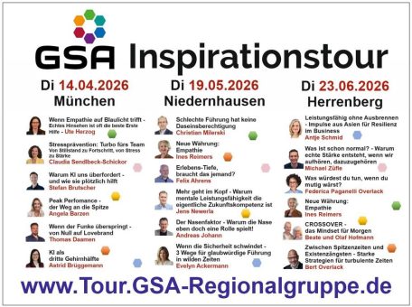 6 Redner:innen je 10 Min. – Inspirationen am 14.4. in München, 19.5. in Wiesbaden und 23.6. in Stuttgart