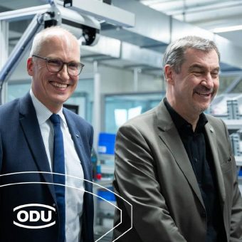 Ministerpräsident Markus Söder besucht ODU in Mühldorf zur Inbetriebnahme des neuen Logistikzentrums für Hightech-Verbindungstechnik