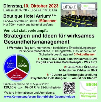 Gesunde Führung, Psychische Belastungen und Strategien für Gesundheitsmanagement sind Themen des BBGM-Workshops am 10.10.2023 in München