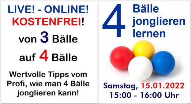 4 Bälle Jonglieren lernen – Onlinekurs am Sa 15.1. um 15 Uhr