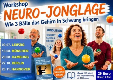 Workshop NEURO-JONGLAGE mit Deutschlands erfolgreichstem Jongliertrainer u.a. am 09.07. in Leipzig, 13.08. in München und 20.08. in Hamburg