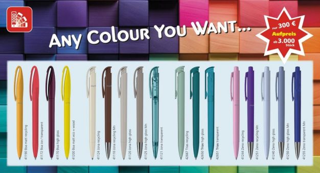 ANY COLOUR YOU WANT: Klio-Eterna macht nachhaltig hergestellte Kugelschreiber in allen Pantone-Farben in kleinen Stückzahlen erschwinglich.