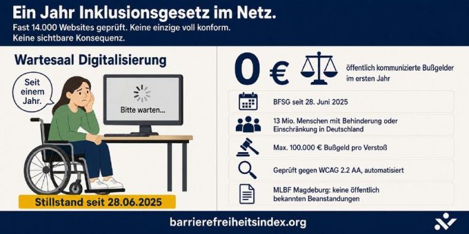 Ein Jahr Inklusionsgesetz im Netz: 14.615 Websites geprüft. Keine einzige voll konform. Keine sichtbare Konsequenz.