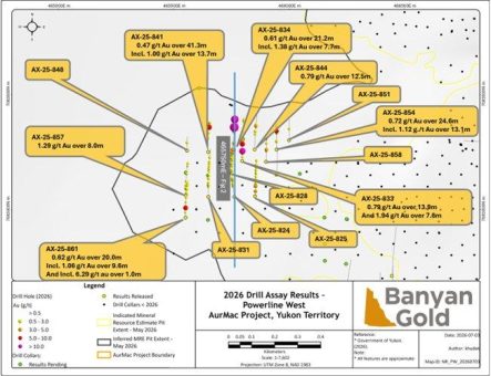 Banyan Gold erweitert hochgradige Zonen bei Powerline,  im AurMac-Projekt, Yukon, Kanada