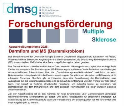 DMSG schreibt Forschungsförderung 2026 zum Thema Darmmikrobiom und Multiple Sklerose aus