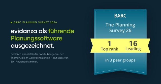 BARC Planning Survey 26: evidanza als führende Planungssoftware für Unternehmensplanung ausgezeichnet