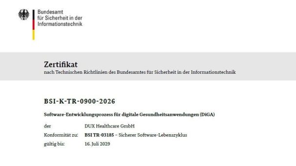 DUX Healthcare erhält als erstes Unternehmen in Deutschland die Zertifizierung nach BSI TR-03185 – geprüft durch secuvera