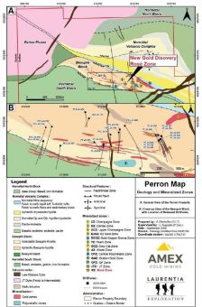 Amex macht neue Goldentdeckung in Perron, in der Rosé-Zone, ca. 165 m unterhalb der vollständig finanzierten Rampenerschließung